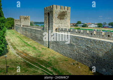 Smederevo aerial panorama view of the medieval Serbian-Byzantine-Ottoman castle along the Danube river an our east of Belgrade Stock Photo