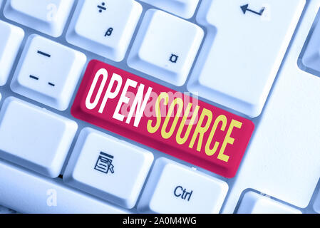 Handwriting text writing Open Source. Conceptual photo denoting software which original source code freely available White pc keyboard with empty note Stock Photo