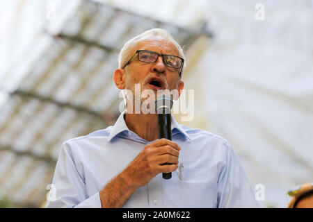 London, UK. 20th Sep, 2019. Labour Leader, Jeremy Corbyn, speaks during the demonstrations.Hundreds of young people worldwide joined hands in the third such worldwide global climate strike and it may be the biggest day of climate demonstrations in history. Credit: SOPA Images Limited/Alamy Live News Stock Photo