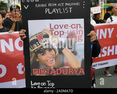 Manila, Philippines. 20th Sep, 2019. Around 5,000 protesters coming from different youth organisations, indigenous people, victims of EJK and militant groups (who are tagged as red communist-terror group by the government) gathered and converged at Luneta Park September 20, 2019, expressing their strong “Never again,” at the eve of the 47th anniversary of the declaration of martial law. (Photo by Joseph Dacalanio/Pacific Press) Credit: Pacific Press Agency/Alamy Live News Stock Photo