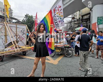 Manila, Philippines. 20th Sep, 2019. Around 5,000 protesters coming from different youth organisations, indigenous people, victims of EJK and militant groups (who are tagged as red communist-terror group by the government) gathered and converged at Luneta Park September 20, 2019, expressing their strong “Never again,” at the eve of the 47th anniversary of the declaration of martial law. (Photo by Joseph Dacalanio/Pacific Press) Credit: Pacific Press Agency/Alamy Live News Stock Photo