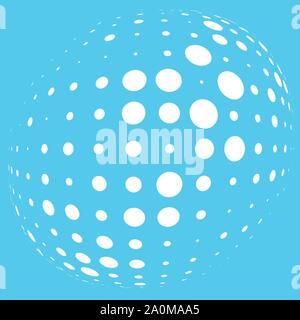 Half-tone dots. Dotted, circles pattern. Sphere, orb or globe distortion speckles. Diffuse radial, radiating bulge, bloat warp. Polka-dot inflate desi Stock Vector