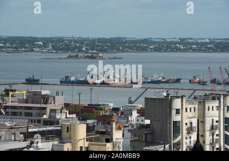 Montevideo, Uruguay - March 3 2016: Aerial view of the harbor island and shipyard Stock Photo