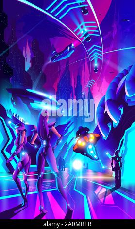 A futuristic illustration in vector of future metropolis on a far away planet. Human colonization, high Technology, science fiction illustration. Stock Vector