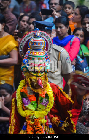 Kathakali artists in Onam procession, Kerala, India Stock Photo