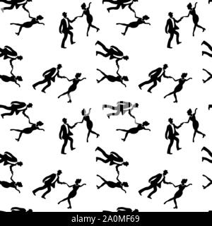 Seamless pattern with couples dancing jazz. Black and white colors. 1940s and 1930s style. Woman with beads and man with bow tie and hat. Stock Vector