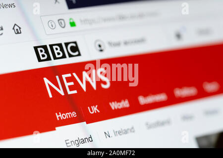 A closeup of a computer screen showing the BBC News website and logo. Concept: fake news, trusted media, woke media, trusted news source Stock Photo