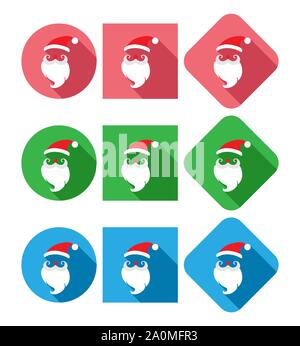 Santa Claus icon set, simple flat design. long shadow Stock Vector