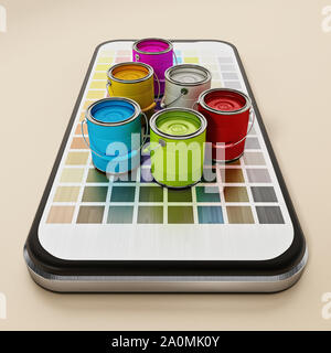 Paint cans and cartelas on smartphone. 3D illustration. Stock Photo