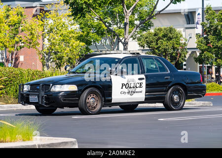 Sep 19, 2019 Fremont / CA / USA - Old fashioned City of Fremont Police Car parked at an outdoor mall in East San Francisco Bay Area Stock Photo