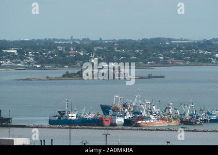 Montevideo, Uruguay - March 3 2016: Aerial view of the harbor island and shipyard Stock Photo