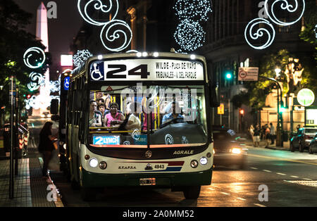 Buenos Aires, Argentina - January 10 2016: Nightlife in Buenos Aires city. Buses are the main and cheapest transportation. Stock Photo