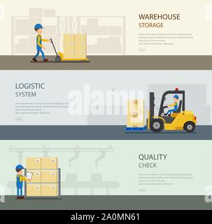 Set of warehoue banners with worker in process vector illustration Stock Vector