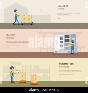 Set of warehoue banners with worker in process vector illustration Stock Vector