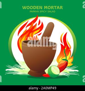 Wooden mortar with fire and ingredient, chili, lemon and sliced papaya on green background. Concept graphic design vector for papaya spicy salad. The Stock Vector