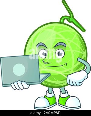 With laptop fruit melon cartoon mascot for diet Stock Vector