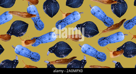 Seamless pattern with decorative blue pumpkins and slugs on beige background. Stock Photo