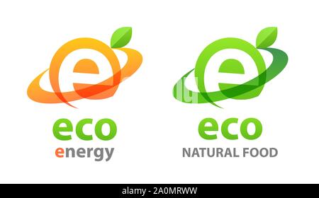 Eco energy logo and eco food. Green vector emblems with leaves on white illustrating a natural and eco-friendly product. Stock Vector