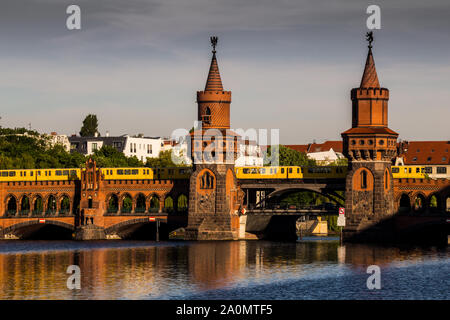 Oberbaumbruecke with underground train in Berlin Stock Photo