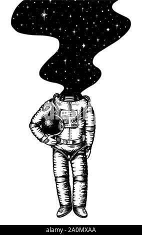 Soaring Spaceman. Space and galaxy in the head. Astronaut in the solar system. Engraved hand drawn Old sketch in vintage style. Stock Vector