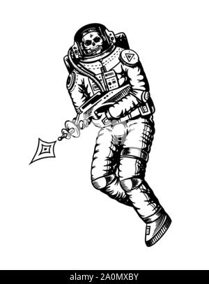 Soaring Spaceman. Skeleton with space weapons. Astronaut in the solar system. Engraved hand drawn Old sketch in vintage style. Stock Vector