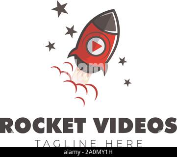 Rocket Videos Gallery Logo Design, Red Rocket, Videos and Rocket Play Studio Stock Vector