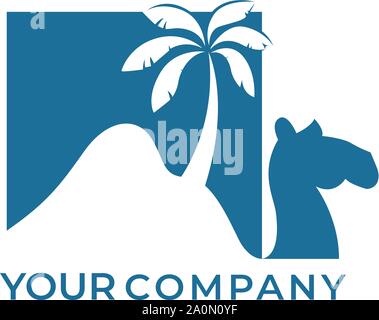 Camel desert and palm logo design with lettering Stock Vector