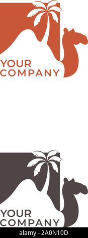 Camel desert and palm logo design with lettering Stock Vector