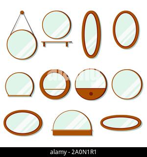 Vector wooden frames mirrors set of round shape. Stock Vector