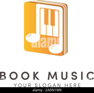 Open music book logo designs with orange note piano Stock Vector