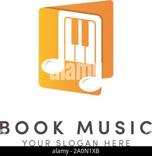 Open music book logo designs with orange note piano Stock Vector