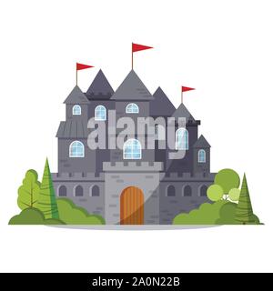Medieval fairy-tale castle with red towers and blue flags. Cartoon ...