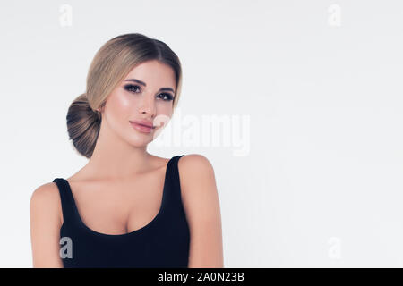 Portrait of beautiful pretty woman on white banner background. Blonde hair and makeup Stock Photo