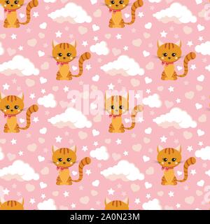 Seamless pattern with smiling little ginger striped cat with pink bow on its neck. Stock Vector