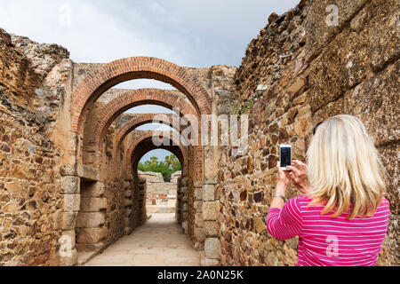 Entrance to the Roman amphitheatre, Merida,  Badajoz Province,  Extremadura, Spain.  The amphitheatre was inaugurated in 8 BC. Stock Photo