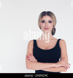 Beautiful pretty blonde woman on white background, fashion portrait Stock Photo