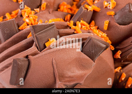 Chocolate ice cream, italian gelato garnished with chocolate close-up. Stock Photo