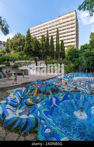 Koreiz, Crimea - July 10. 2019. The territory of sanatorium Miskhor with an ancient fountain with ceramic mosaic tiles Stock Photo