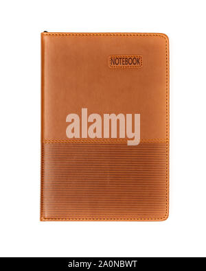 Brown leather closed notebook mockup isolated on white. Stock Photo