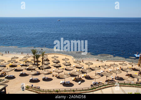 Sharm El Sheikh, Egypt, September 05, 2018.Hotel Intercontinental, sunny beach of a popular Egyptian hotel on the shores of the warm Red Sea Stock Photo