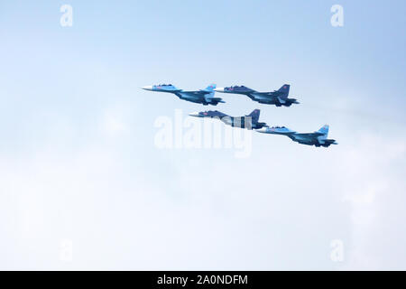 Novosibirsk, Russia, July 31, 2016, Mochishche airfield, local air show, Aerobatic team VKS 'Russian Falcons' Su-30 SM, russian fighter aircrafts Stock Photo