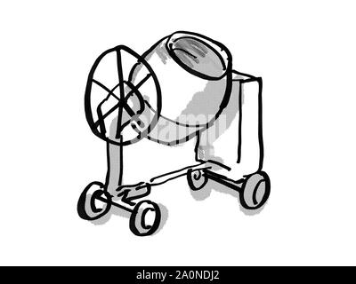 Retro cartoon style drawing of a cement mixer on isolated white background done in black and white Stock Photo