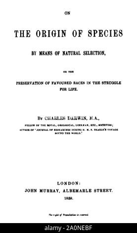 The title page of the 1859 first edition of English naturalist Charles Darwin’s famous book “On the Origin of Species”. Stock Photo