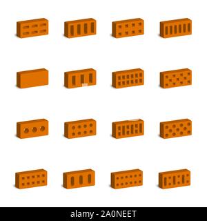Set of bricks of various shapes. Elements of the design of building materials. 3D style, vector illustration. Stock Vector