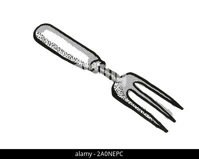 Retro cartoon style drawing of a hand fork , a garden or gardening tool equipment on isolated white background done in black and white Stock Photo