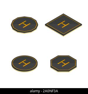 Set of various helipad icons isolated on white background. Flat 3D isometric style, vector illustration. Stock Vector