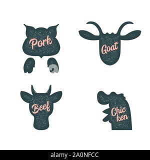 Beef bull cow chicken, rooster pork, goat vintage silhouette Stock Vector