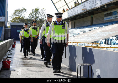 London, UK. 21st Sept 2019. English Championship Football, Millwall Football Club versus Queens Park Rangers; Police officers patrol inside The Den Stadium - Strictly Editorial Use Only. No use with unauthorized audio, video, data, fixture lists, club/league logos or 'live' services. Online in-match use limited to 120 images, no video emulation. No use in betting, games or single club/league/player publications Credit: Action Plus Sports Images/Alamy Live News Credit: Action Plus Sports Images/Alamy Live News Credit: Action Plus Sports Images/Alamy Live News Credit: Action Plus Sports Images/  Stock Photo