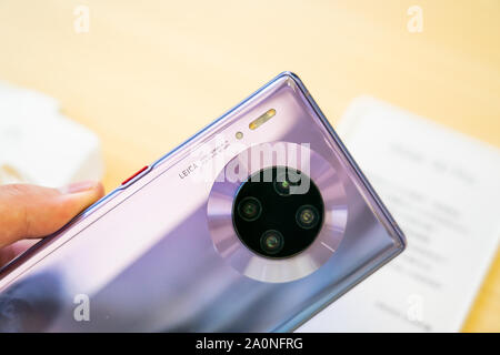 Close-up view of the back side of Huawei Mate 30 Pro, which features a quad-camera design at a Huawei retail store on East Nanjing Road in Shanghai.Huawei unveiled its flagship Mate 30 Series in Munich, Germany on 19th September 2019. Stock Photo