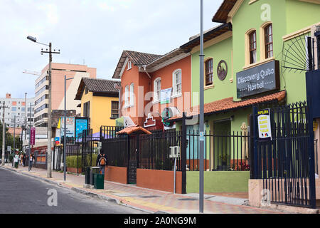 QUITO, ECUADOR - AUGUST 6, 2014: Unidentified people on Mariscal Foch Street in the tourist district in Quito, Ecuador Stock Photo